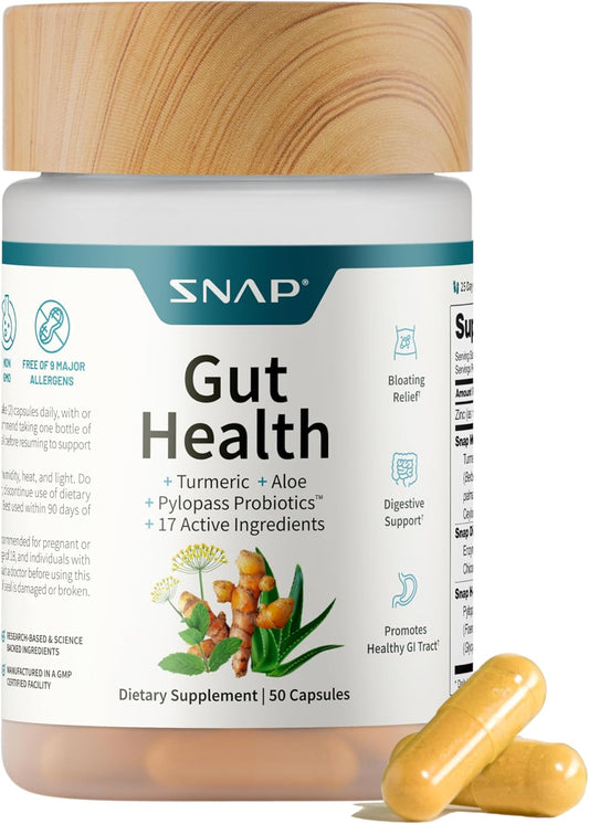 SNAP Gut Health Supplement – Turmeric, Aloe & Pylopass Probiotics – 17 Active Ingredients for Bloating Relief, Digestive Support & Healthy GI Tract – Dietary Supplement, 50 Capsules