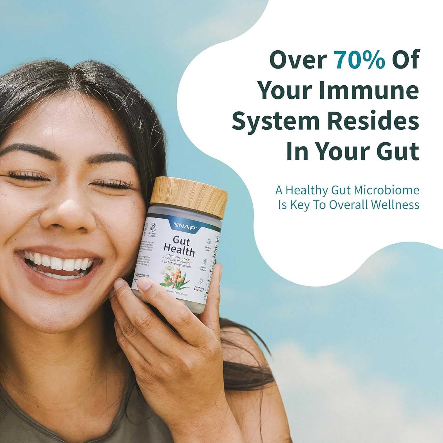SNAP Gut Health Supplement – Turmeric, Aloe & Pylopass Probiotics – 17 Active Ingredients for Bloating Relief, Digestive Support & Healthy GI Tract – Dietary Supplement, 50 Capsules